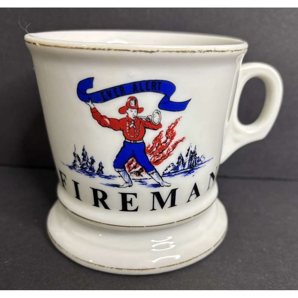 Fireman Occupational Shaving Mug White Gold Trim Vintage Ever Alert